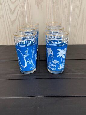 Set of 6 Vintage Florida Sunshine State Blue Souvenir Glasses Gold Rim